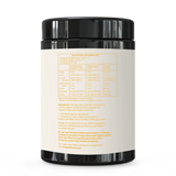 A black supplement jar with a black lid and a cream-colored label showing detailed nutrition information and ingredients, photographed on a clean white background.